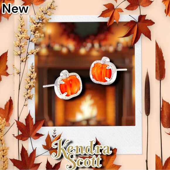 New Kendra Scott Pumpkin Silver Stud Earrings in Orange Mother-of-Pearl - Picture 1 of 4